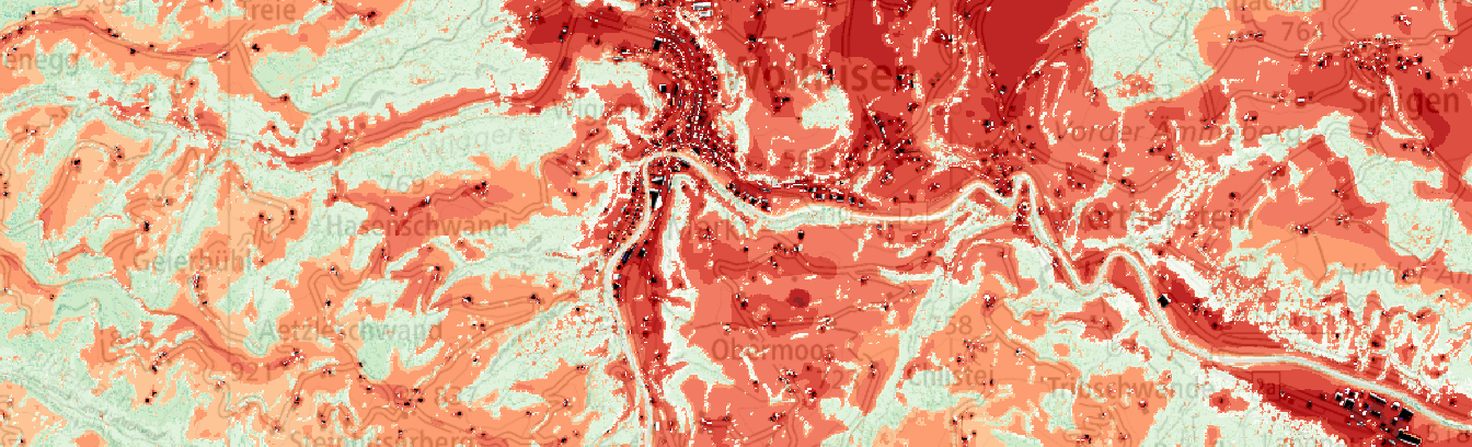Carte climatique cantonale – température physiologique équivalente (PET)